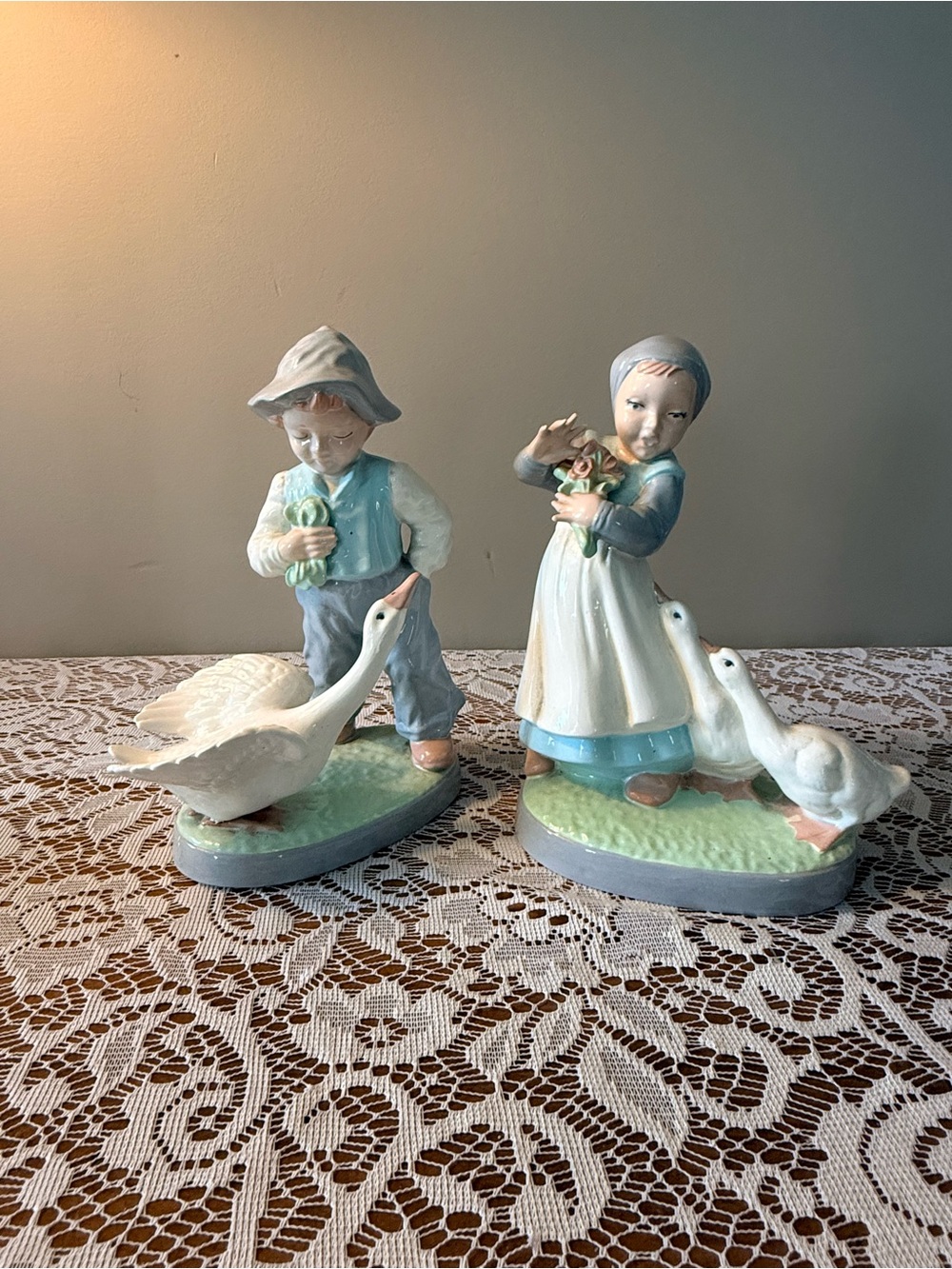Blue and White Porcelain Boy and Girl Figurine Pair with Geese vintage farmhouse